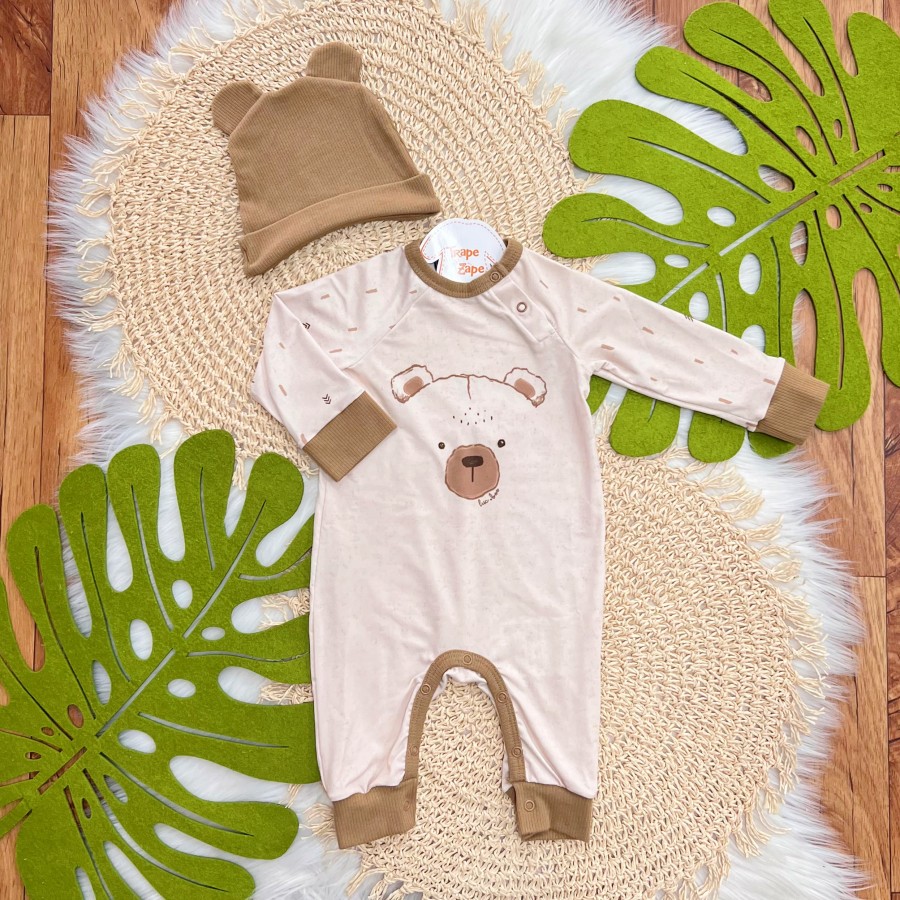 Macacão Ursinho e Gorro Orelhinha - Marrom Claro